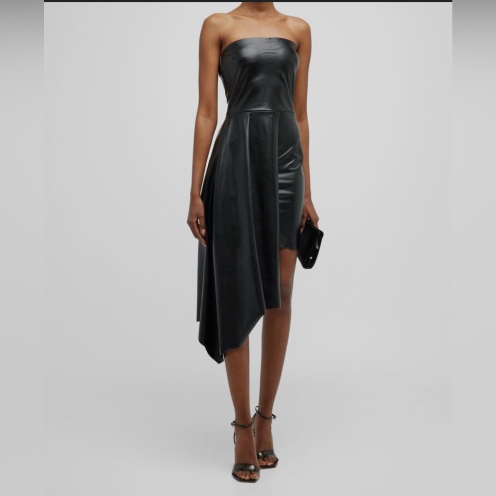 Chiara Boni Black Vegan Leather Asymmetric Strapless Dress size 12 New